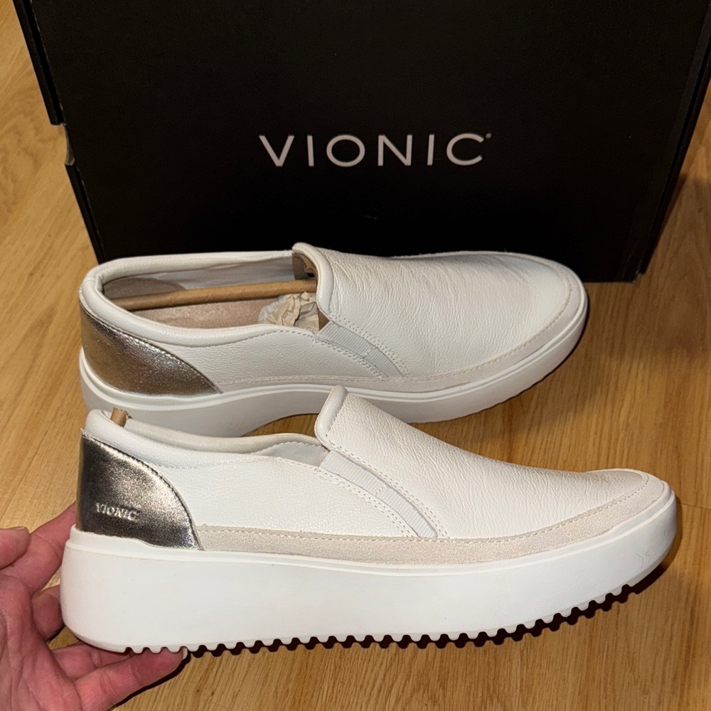 Vionic White Slip-On Platform Sneakers with Metallic Gold Heel